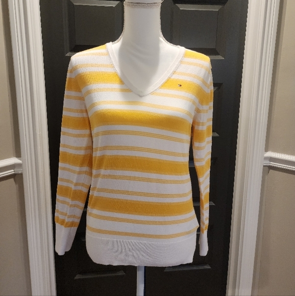 Tommy Hilfiger Yellow and White Striped Sweater - Picture 1 of 3